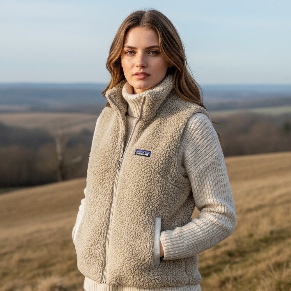 Patagonia Tan Sherpa Fleece Zip Vest Outdoor Casual Layering Women’s Small (S)